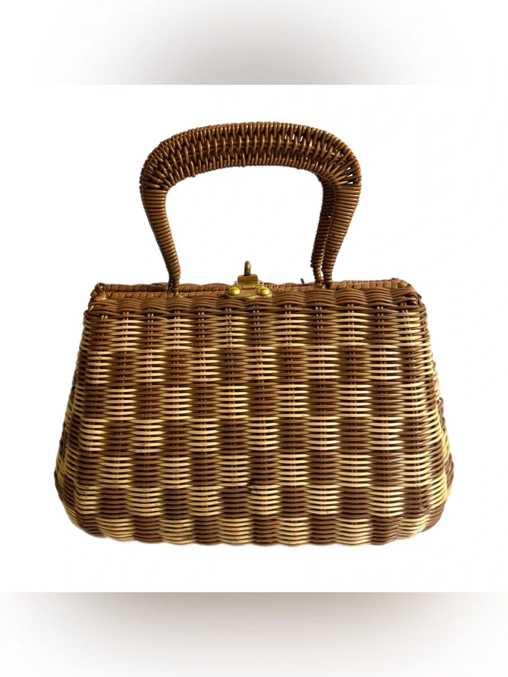Vtg Checkered Wicker Handbag Purse Basket Bag Turn Lock Boho Cottagecore Coastal - Picture 2 of 16